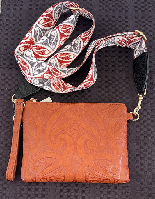 Moana Road - Clutch Bag Tan With Maori Design Strap