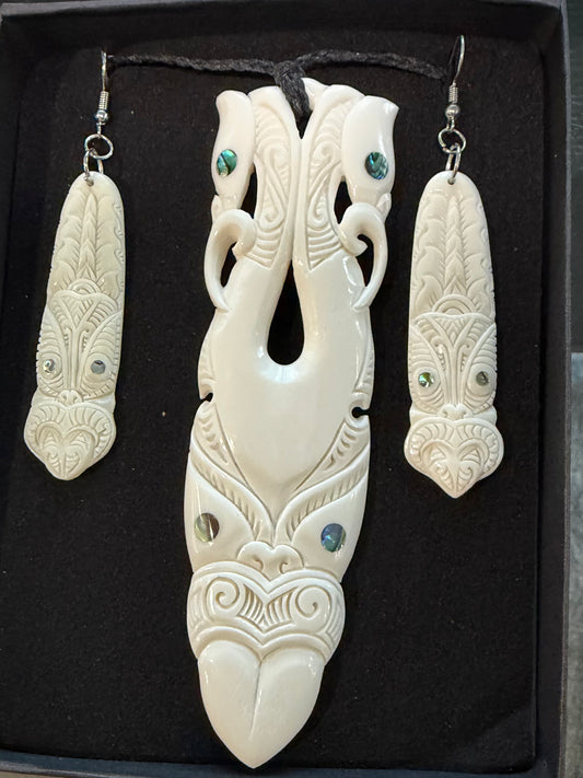 Bone Tiki Face Set - Bone Necklace & Earrings
