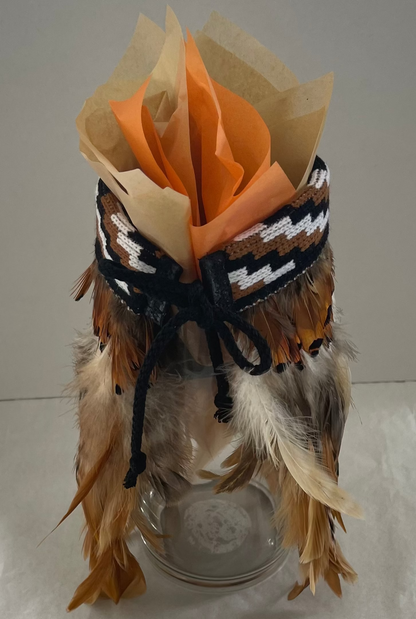 Decorative mini korowai feathers and braided design on a plain background