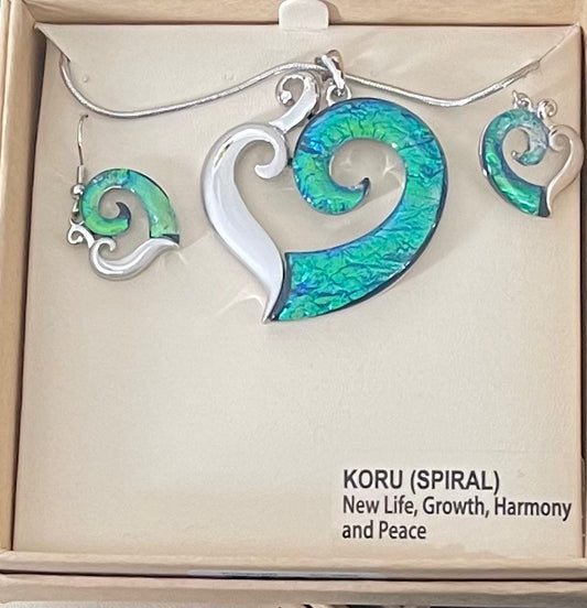 Blue koru heart pendant and Earrings