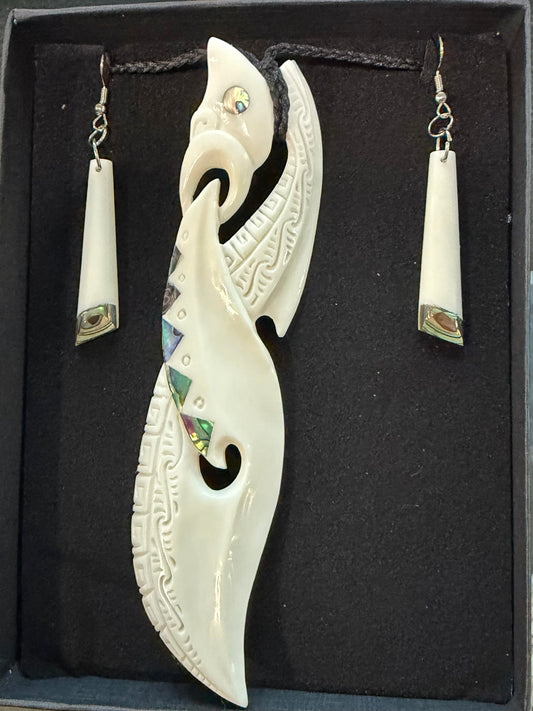 Bone Shy Manaia Set with Paua - Bone Necklace & Earrings