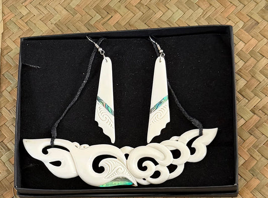 Bone Koru Breastplate Set - Bone Necklace & Earrings