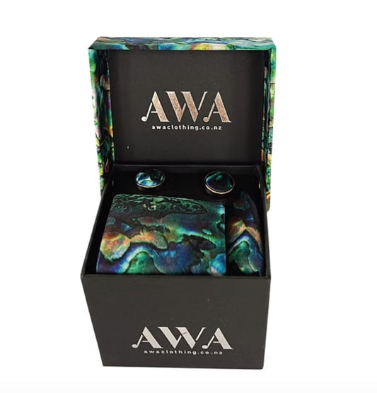 Neck Tie With Matching Cuff Links and Pocket Handkerchief in Maori Design