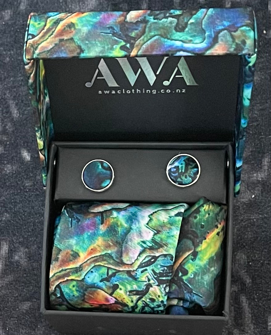 Neck Tie With Matching Cuff Links and Pocket Handkerchief in Maori Design