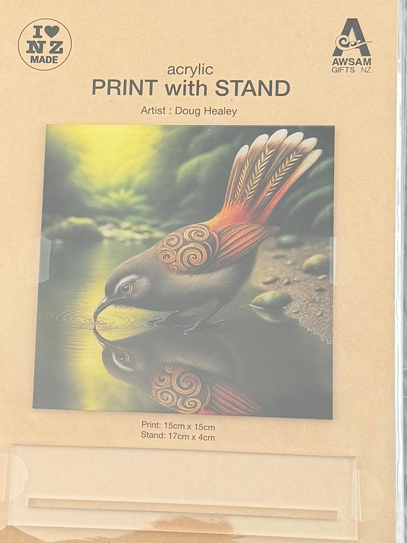 Maori Acrylic Print with a Stand by Artist Doug Healey - Fantail Reflection