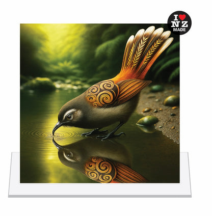 Maori Acrylic Print with a Stand by Artist Doug Healey - Fantail Reflection