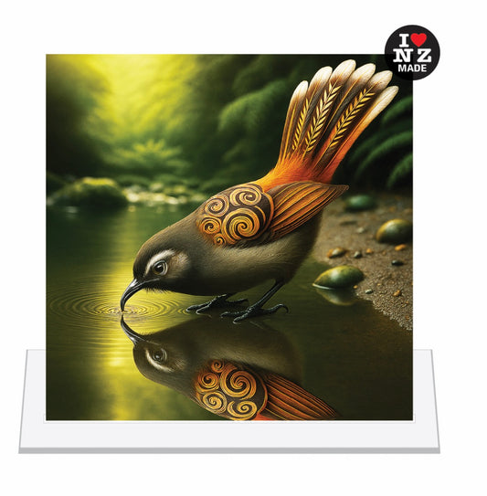 A4 Maori Acrylic Print by Artist Doug Healey - Fantail reflection