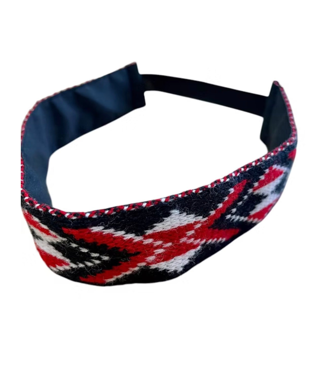 Woven taniko headband with red, white, and blue pattern on a white background