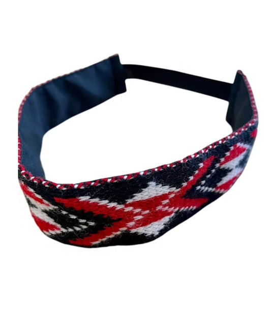 Woven taniko headband with red, white, and blue pattern on a white background