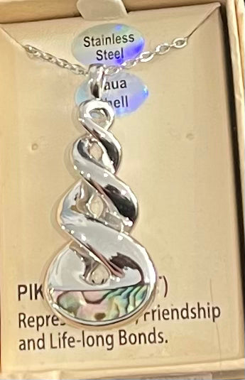 Silver necklace with a twist pendant on a branded card