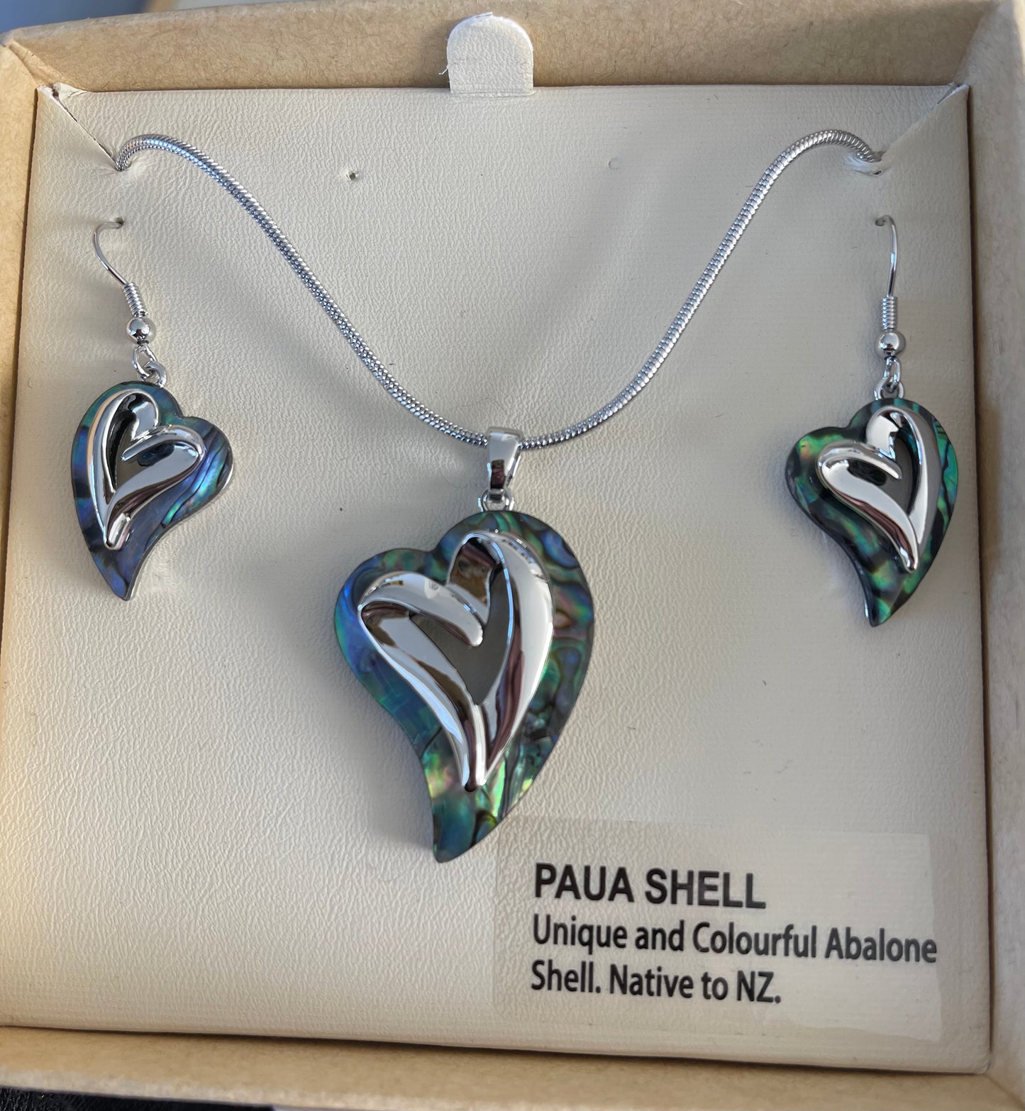Paua Heart Spiral Necklace and Earrings