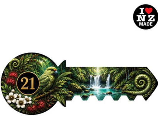 A decorative21st key-shaped sticker or plaque featuring a lush tropical forest scene with ferns, a waterfall, a green parrot, red flowers, and the number 21. A black circular 'I [heart] NZ MADE' badge appears in the top right corner on a white background.