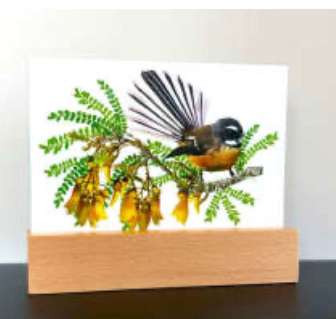 Glass block Fantail on Kōwhai on a stand
