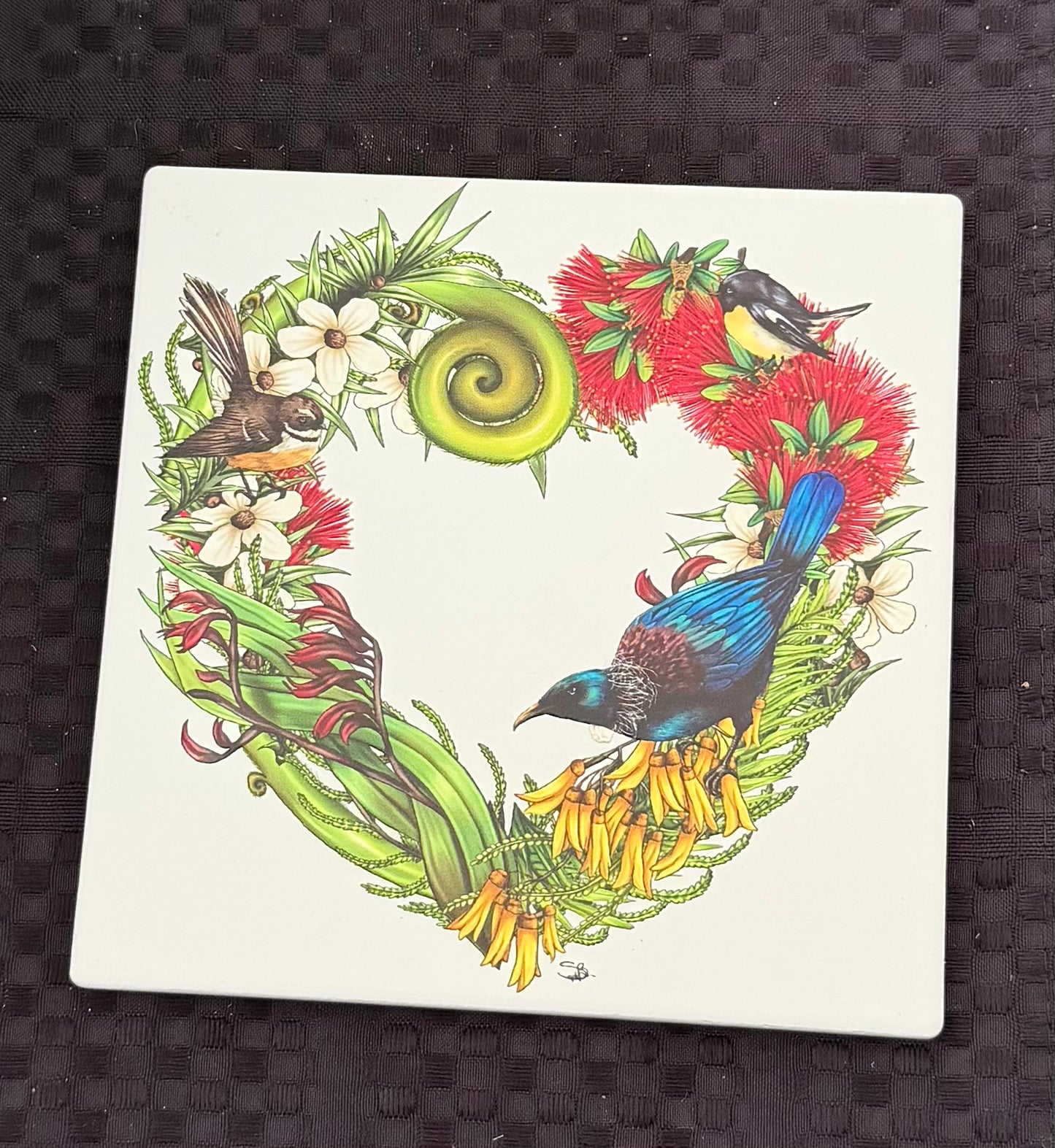 Floral heart with a Tui- Ceramic Wall Art