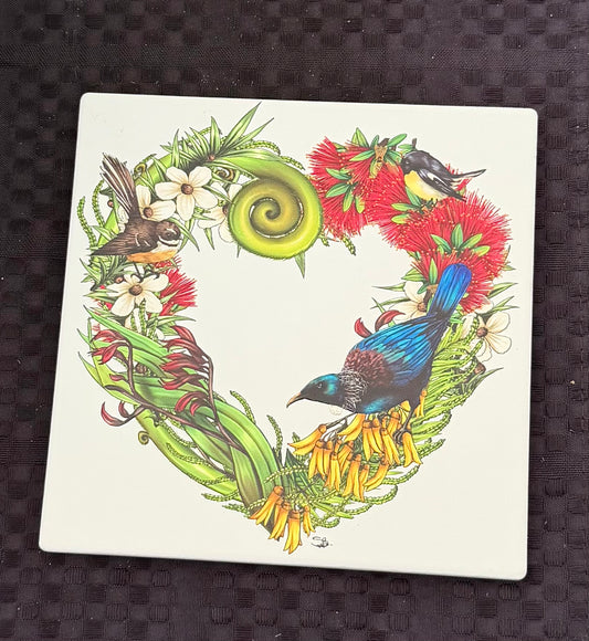 Floral heart with a Tui- Ceramic Wall Art