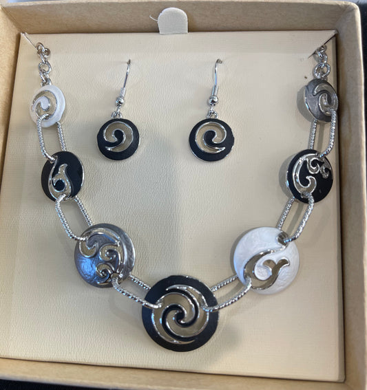 Silver and black koru Necklace and Earrings