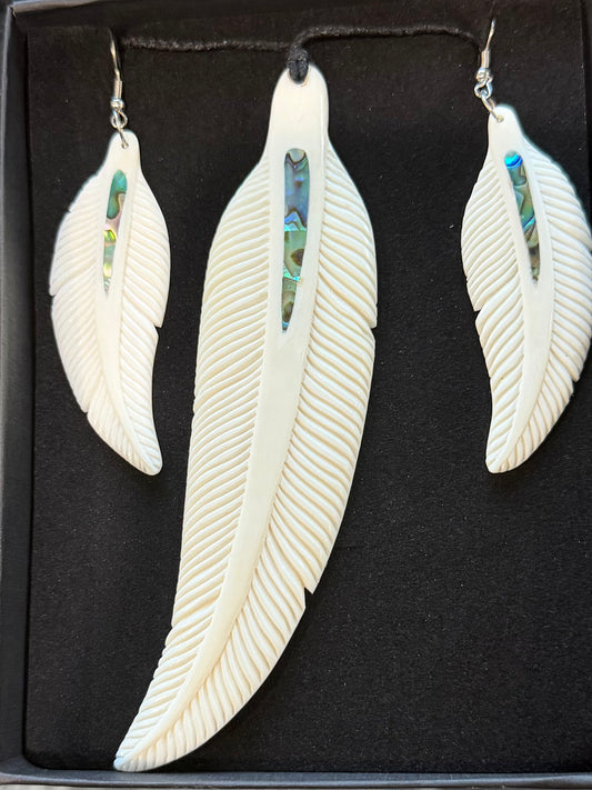 Bone Feather Set - Bone Necklace & Earrings
