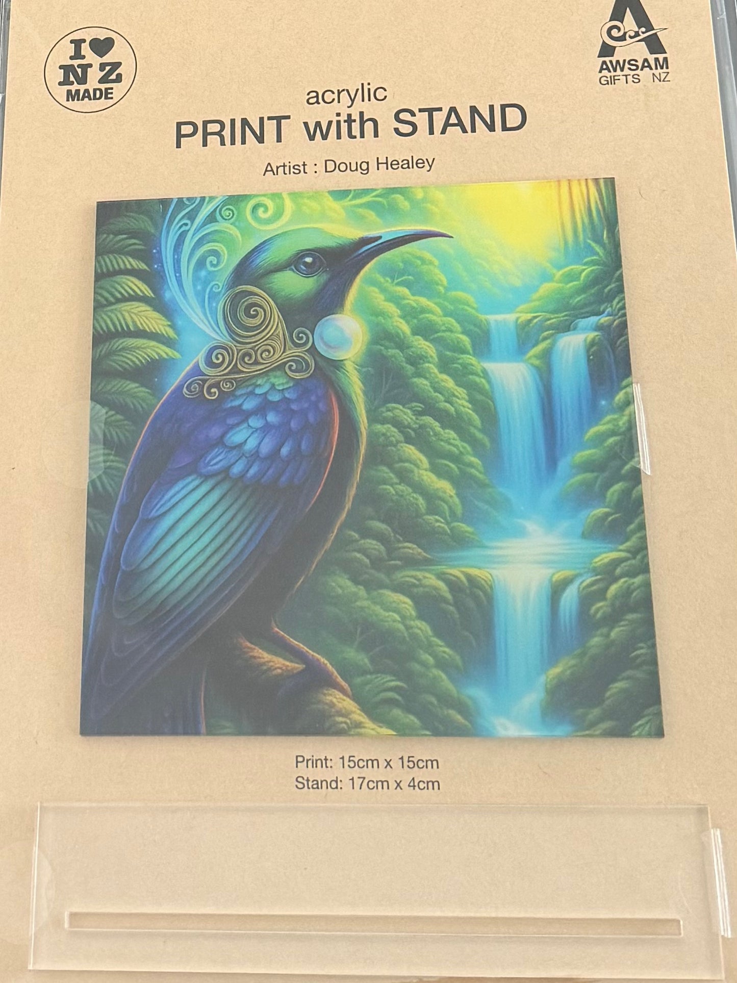 Maori Acrylic Print with a Stand by Artist Doug Healey - Tui by Waterfall