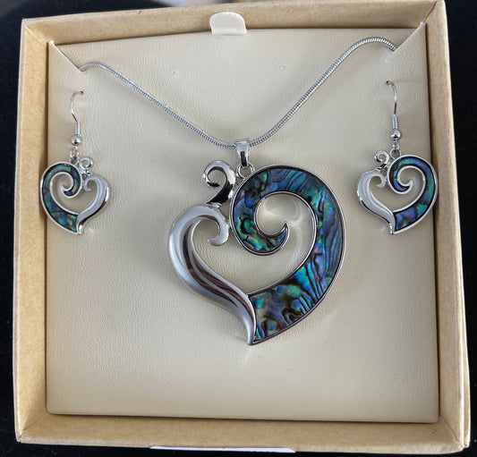 Paua Heart Necklace and Earrings