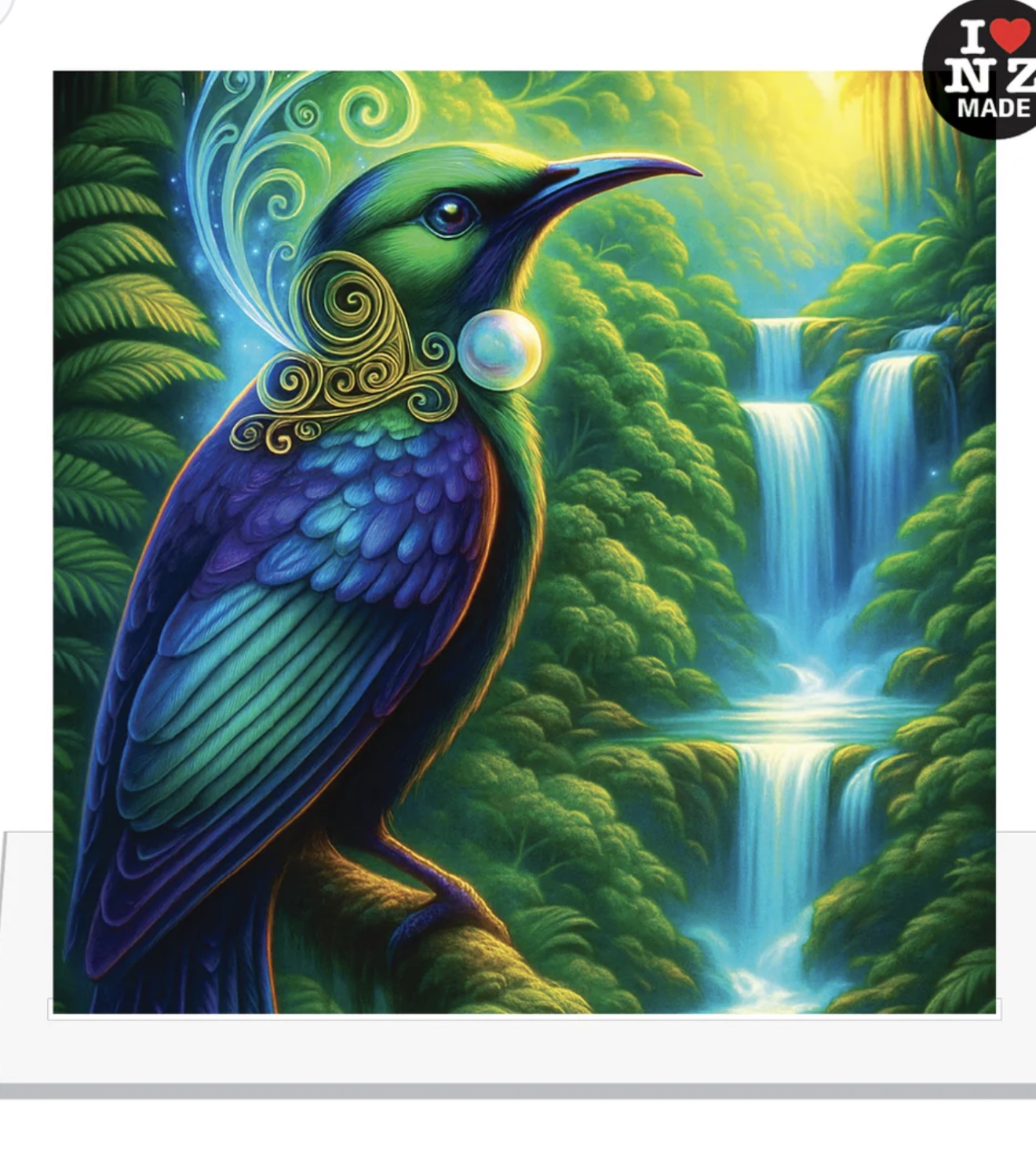 Maori Acrylic Print with a Stand by Artist Doug Healey - Tui by Waterfall
