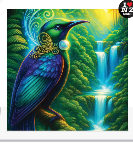 Maori Acrylic Print with a Stand by Artist Doug Healey - Tui by Waterfall