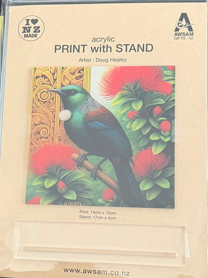 Maori Acrylic Print with a Stand by Artist Doug Healey - Tui on a Pohutukawa a Tree