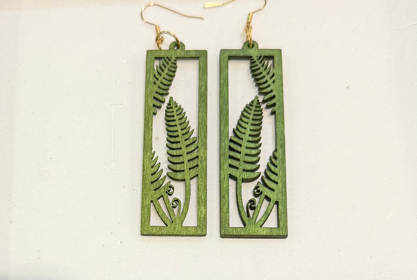 Wooden green fern earrings