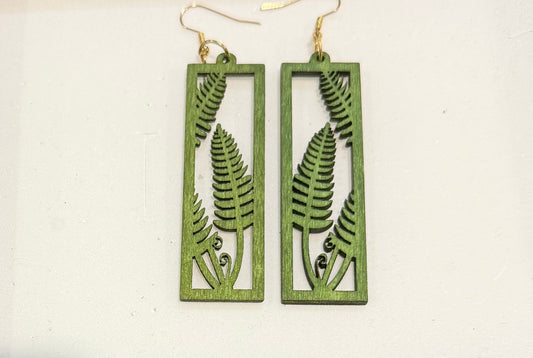 Wooden Green Fern Earrings