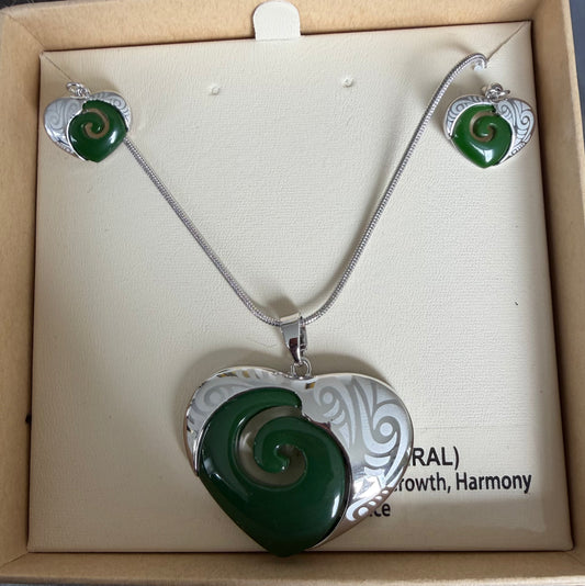 Koru heart Jade Necklace and Earrings