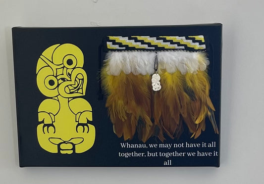 Decorative mini korowai with a yellow tiki figure on a black background