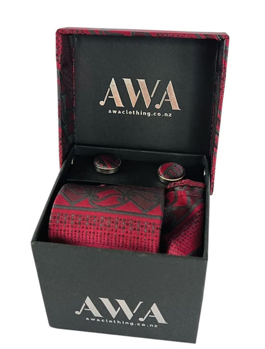Neck Tie With Matching Cuff Links and Pocket Handkerchief in Maori Design