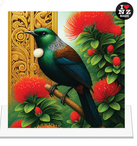 A4 Maori Acrylic Print by Artist Doug Healey - Tui on a Pohutukawa tree