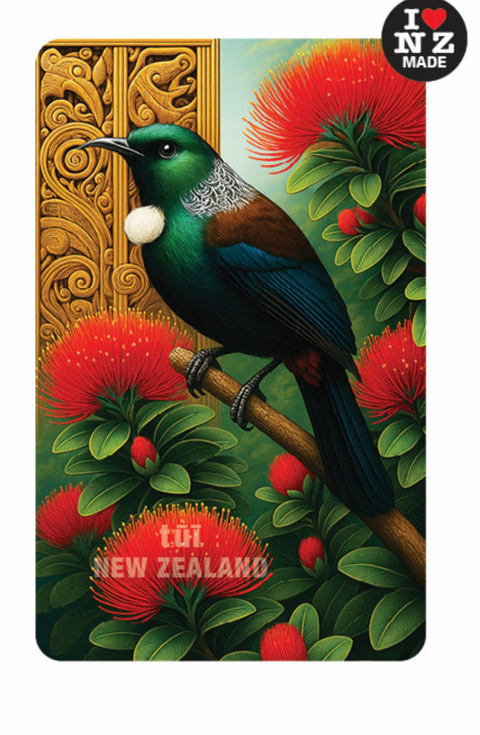 Maori Art Magnet by Artist Doug Healey - Tui on a Pohutukawa tree