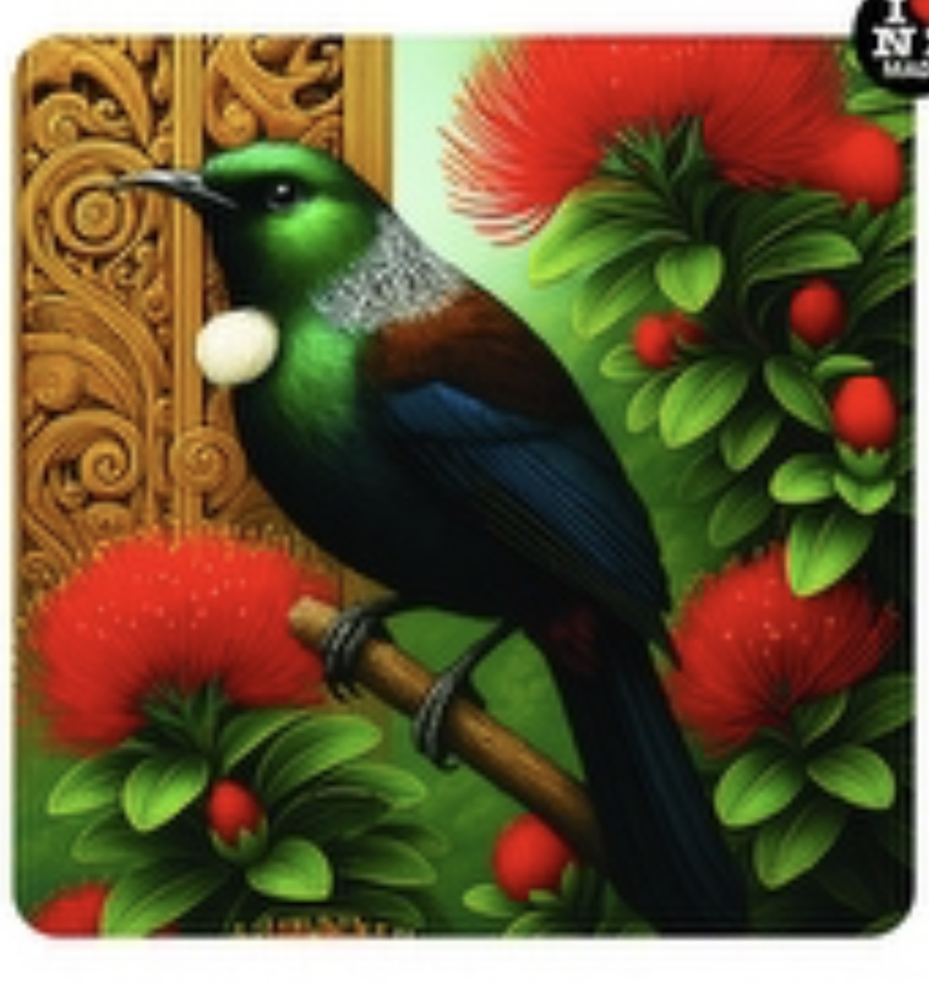 Maori Art Coaster by Artist Doug Healey - Tui in Pohutukawa Tree