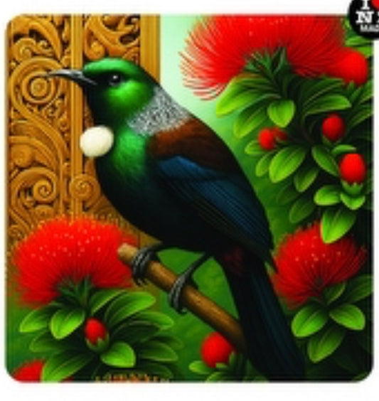 Maori Art Coaster by Artist Doug Healey - Tui in Pohutukawa Tree