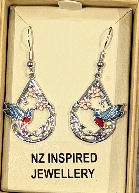 Birds with tea tree flowers Rhodium Earrings