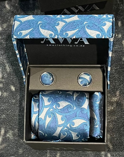 Neck Tie With Matching Cuff Links and Pocket Handkerchief in Maori Design