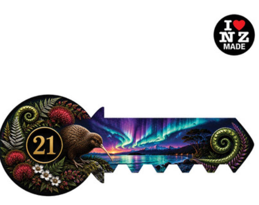 Doug Healey Acrylic and wood backed boxed 21st key with a kiwi