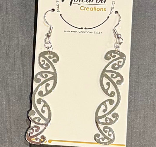 Stainless Steel Silver Maori Design Earrings