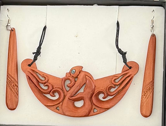Manaia wooden breastplate and earring set