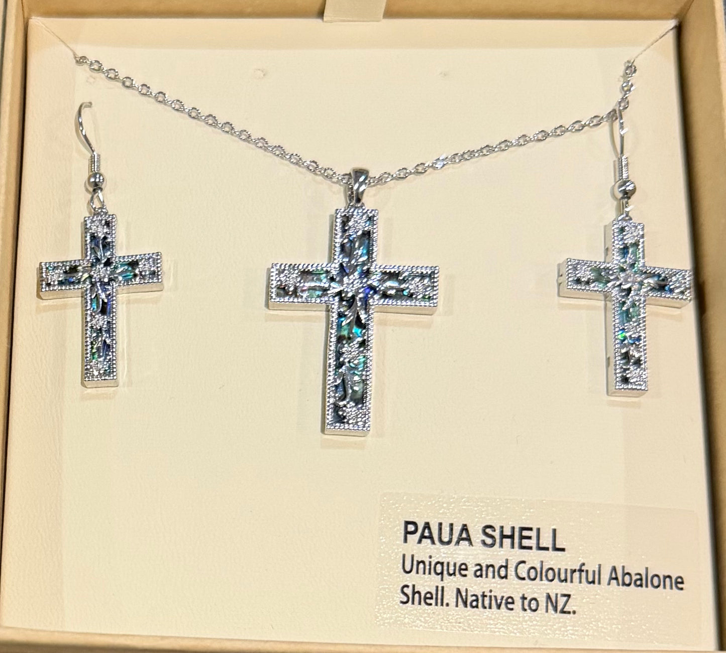 Paua cross and earring set