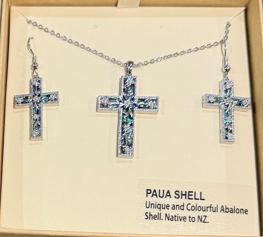 Paua cross and earring set