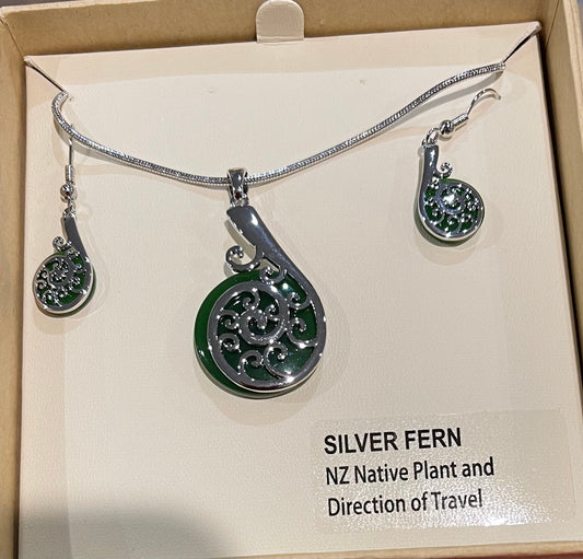 Jade Silver Fern Necklace and Earrings