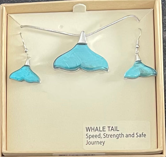 Blue resin Whale tail Necklace and Earrings