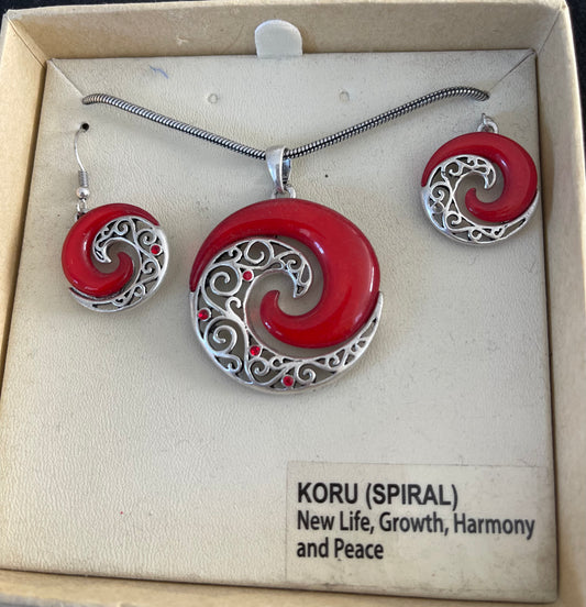 Red Spiral Koru Necklace and Earrings