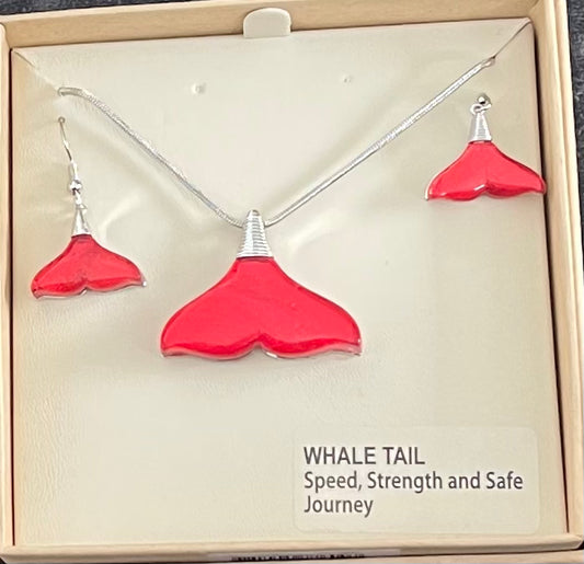 Red Resin Whale Tail Necklace and Earrings