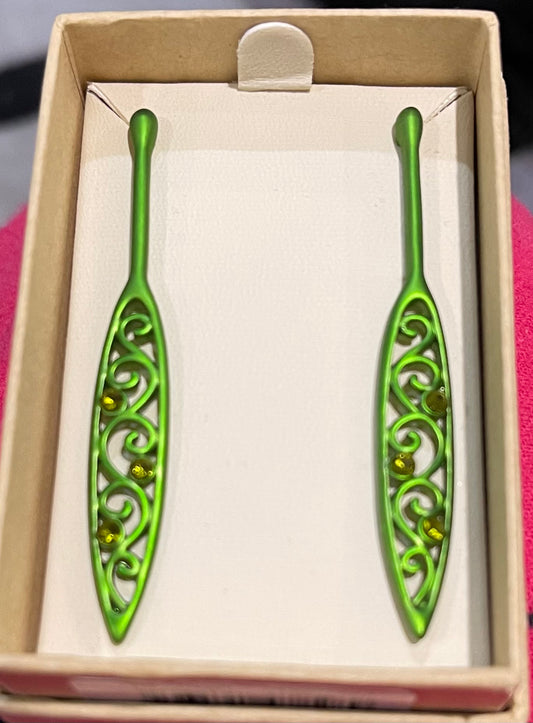 Green Paddle Rhodium Earrings