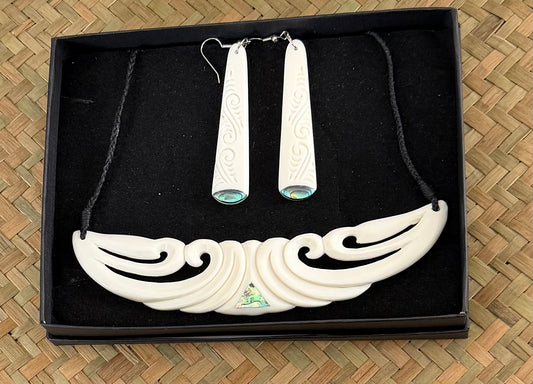 Bone Koru Wave Breastplate Set - Bone Necklace & Earrings