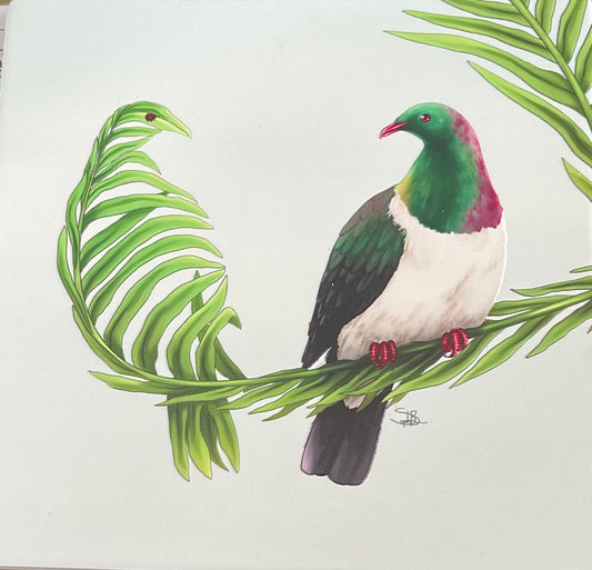 Square - Wood Pigeon On Palm Ceramic Wall Art with a card to match