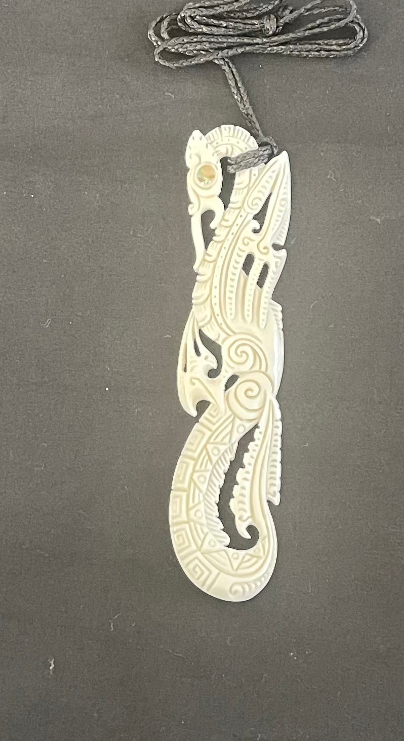 Manaia With Fish Hook Tail Pendant - Bone Carving